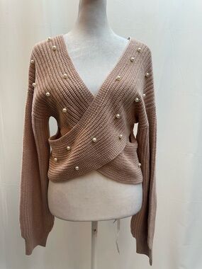 Love Tree Tan Faux Pearl-Embellished V-Neck Sweater M